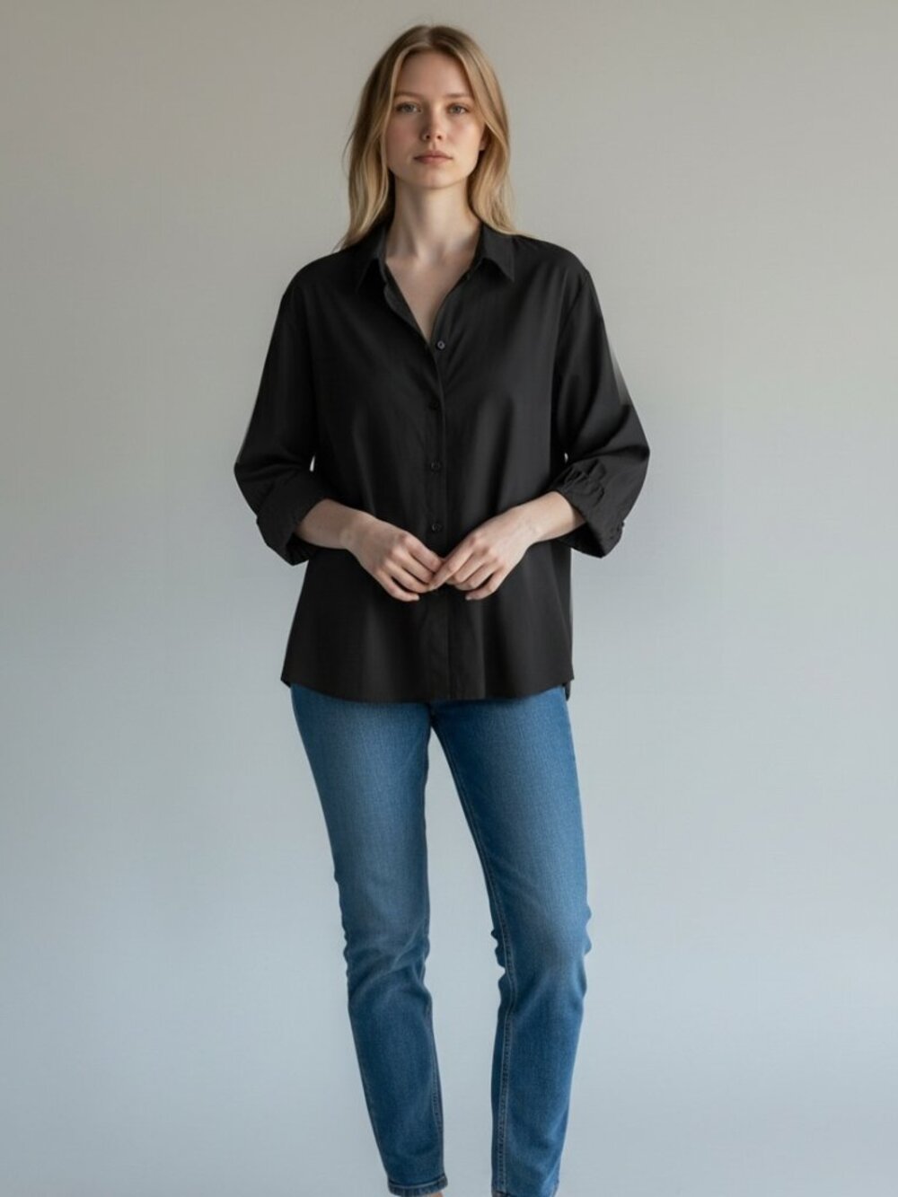 Joanna Black Button Up Blouse Size Large 3/4 Sleeve